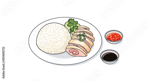 Illustration of a plate with rice and sliced meat.