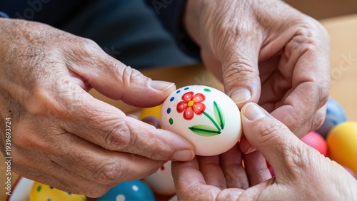 Extreme closeup of elderly German man's wrinkled hands gently tucking a beautifully detailed, handpainted Easter egg among vibrant spring flowers