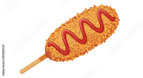Crunchy Corn Dog with Ketchup on a Stick.