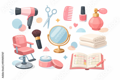 Beauty salon essentials: hairdryer, mirror, makeup, skincare, and grooming tools
