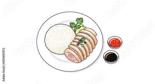 Illustration of sliced meat served with rice and dipping sauces.