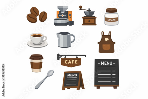 Coffee shop elements including grinder, cup, café sign, and menu board