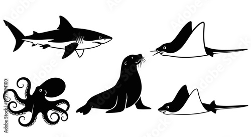 Marine Animals Collection Black White Silhouettes Shark Octopus Seal Manta Rays
