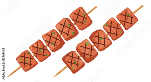 Grilled meat skewers with grill marks and fresh herbs.