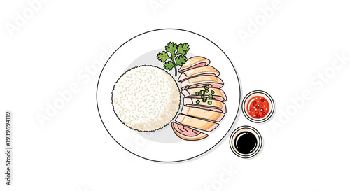 A simple plate of rice and grilled chicken with dipping sauces.