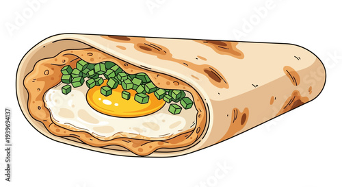 Delicious breakfast burrito with egg and green peas.