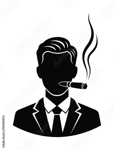 Vector silhouette of a man in a suit smoking a cigar with smoke curling upward