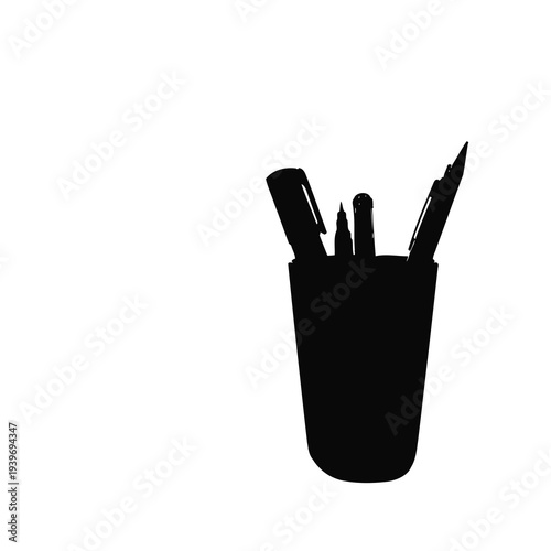 Vector silhouette of a cup holding black pens and pencils standing upright
