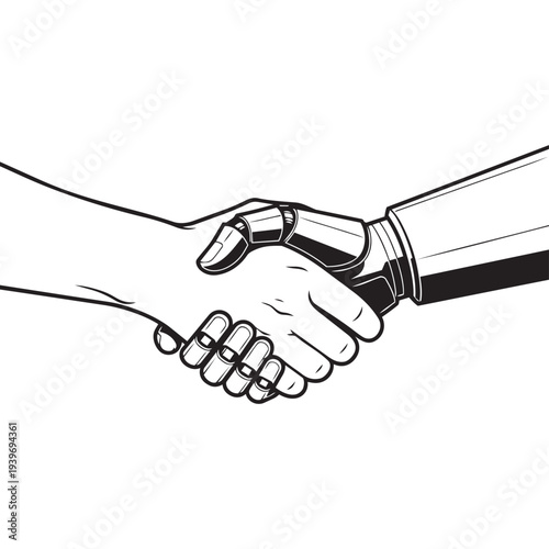 Conceptual black and white line art illustration of a human hand shaking hands with a robotic hand, representing the partnership between humanity and artificial intelligence technology.
