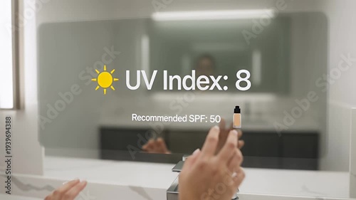 Smart mirror displaying UV index and recommending SPF in a modern bathroom