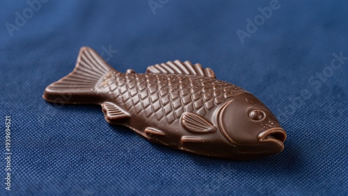 Macro shot of hyperrealistic dark chocolate fish sculpture melting slowly onto a richly textured, deep cerulean blue linen tablecloth surface background