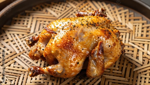 Macro shot focusing on the crispy, herbrubbed skin of a whole roasted ceremonial chicken, placed directly on a detailed, geometric Tilet pattern woven