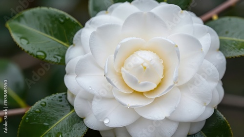 Macro shot of pristine white Camellia flower petals unfolding with sharp edges, morning mist droplets on glossy dark green leaves, extreme close-up detail