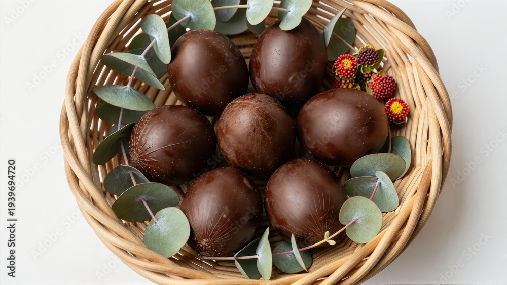 Fototapeta premium Overhead view of dark, high-quality chocolate eggs in a woven wicker basket with eucalyptus leaves and small banksia blossoms, diffused light