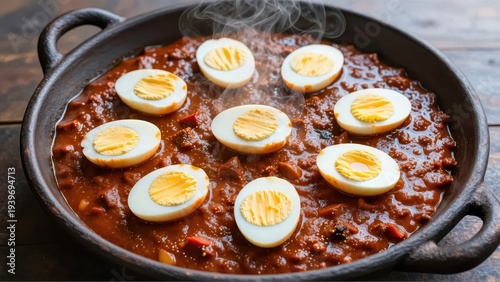 Overhead view of a large, perfectly spread Injera platter, rich red Doro Wat stew piled high with hardboiled eggs, steam gently curling upwards, dark clay