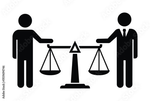 Vector of two people holding balanced scales symbolizing fairness or legal concepts