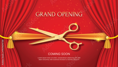 Grand opening ribbon cutting ceremony background with golden scissors and red curtain stage