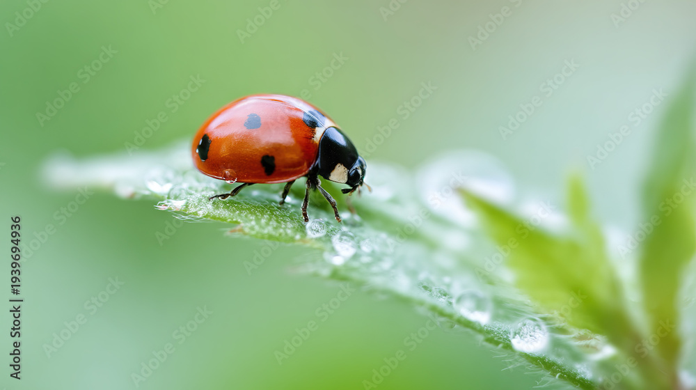Obraz premium Ladybug crawling on dew-covered leaf in lush greenery