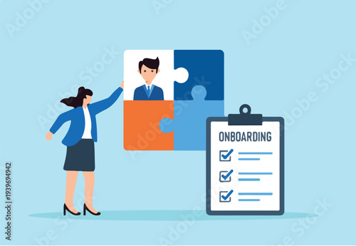 Flat illustration of human resource manager fitting candidate puzzle piece into team structure with onboarding checklist for recruitment process and new hire integration