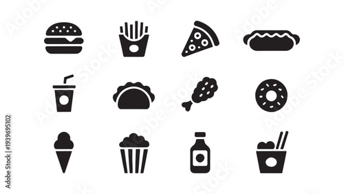 Fast Food and Street Snack Icon Set for Restaurant Menu, Food Delivery, and Dining Application Interface Design