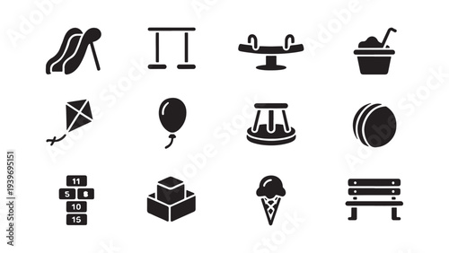 Playground and Children Recreation Icon Set for Park Design, Kids App, and Outdoor Activity Service Interface