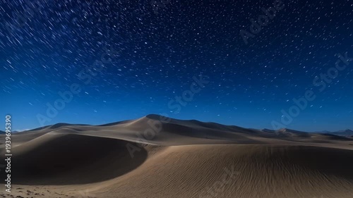 Starry Night Over Desert Sand Dunes Capturing Movement of Celestial Sphere