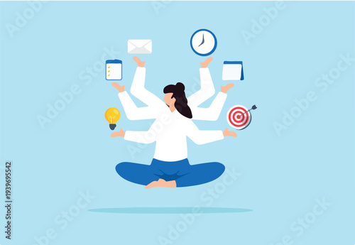 Flat illustration of multitasking businesswoman with six arms floating and handling ideas tasks emails goals time and planning in perfect balance