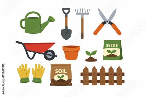 Gardening tools and supplies: watering can, shovel, seeds, gloves, wheelbarrow, soil pack