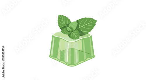 A single translucent light green square jelly dessert is topped with a cluster of fresh mint leaves on a white background.