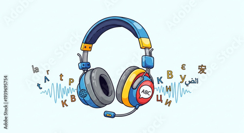 Colorful Over-Ear Headphones with Sound Waves.