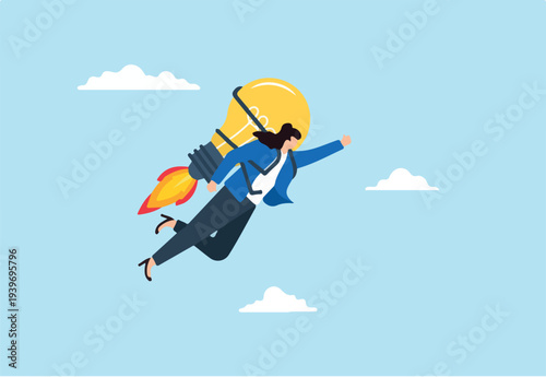 Flat illustration of confident businesswoman flying high with lightbulb jetpack symbolizing innovation and career growth