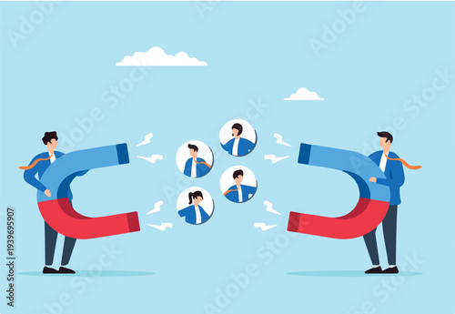 Flat illustration businessman fight against magnet to win talented candidate in recruitment war
