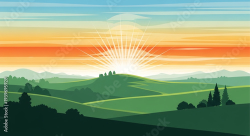 Scenic Landscape with Rolling Green Hills and Sunrise.