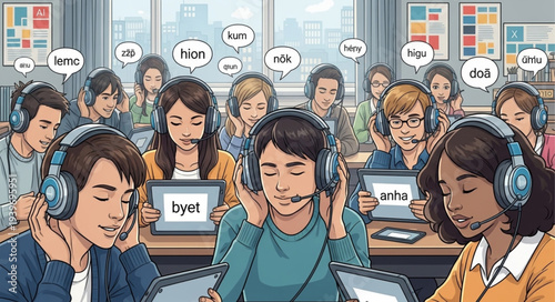 Diverse Group of People Using Headphones in Call Center.