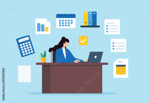 Flat illustration of businesswoman accountant manages invoices in office illustrating finance and accounting tasks