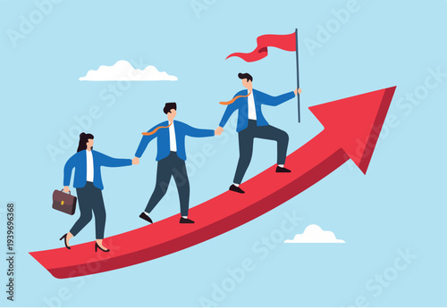 Flat illustration of businessman leader with flag hold hand with employee walking up rising growth arrow graph teamwork cooperate together achieve target leadership build team
