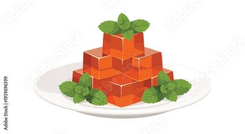 A pyramid of six translucent orange jelly cubes is arranged on a white plate, garnished with fresh green mint leaves.