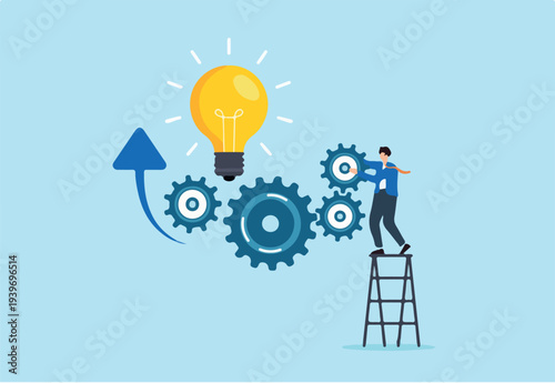 Flat illustration of businessman standing on ladder turning gear wheels connected to glowing lightbulb with upward arrows innovation productivity and solution engineering