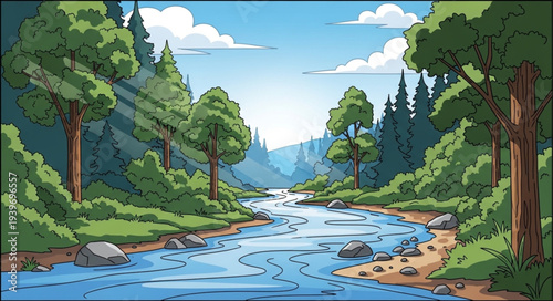 Scenic River Flowing Through Lush Forest Landscape.