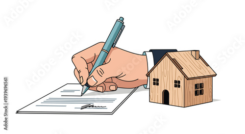 A human hand in a suit is signing a contract with a blue pen next to a small wooden model house on a white surface.