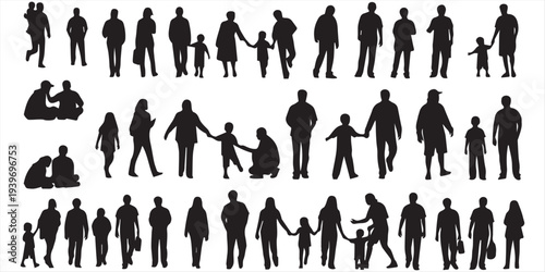 set of black silhouettes of business people standing in various poses isolated on white background