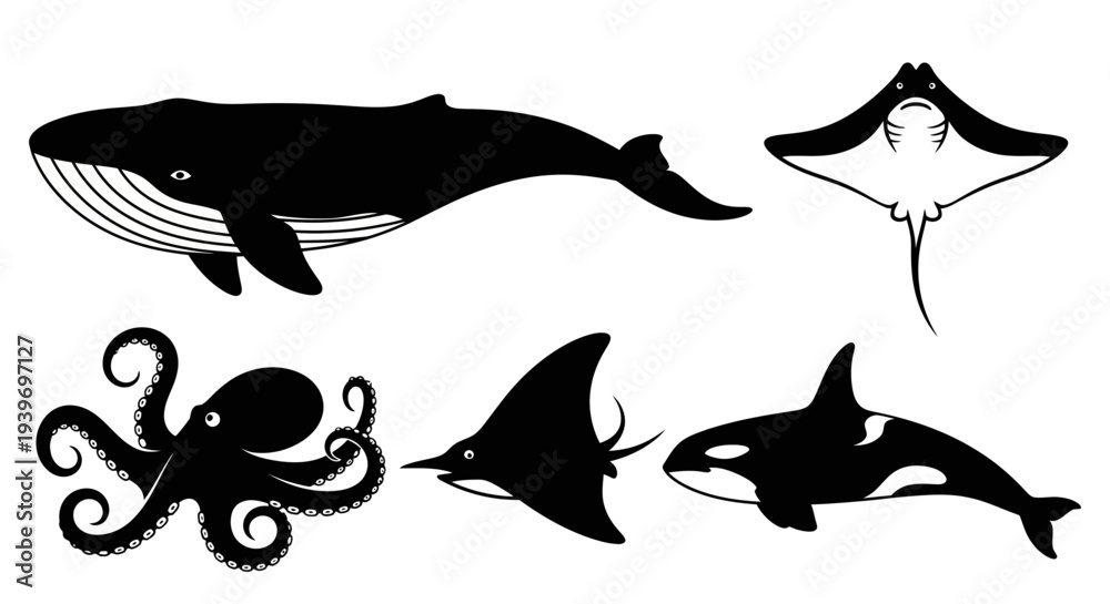 Obraz premium Marine animals silhouettes set: whale, octopus, orca, and rays. Ocean wildlife vector collection.