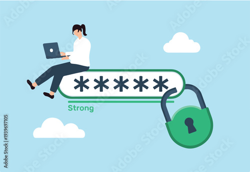 Flat illustration of woman using strong password security with locked padlock