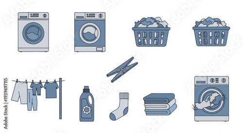 Hand-drawn laundry icon set featuring washing machines clothes baskets detergent and a clothesline.