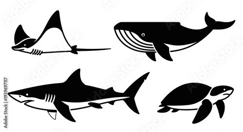 Marine Animals Silhouettes Set: Whale, Shark, Stingray, and Sea Turtle Icons