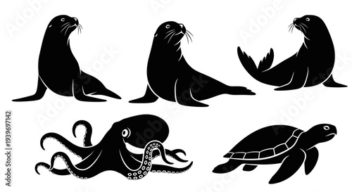 Marine Life Silhouettes Set: Sea Lions, Octopus, and Sea Turtle Black Vector Icons
