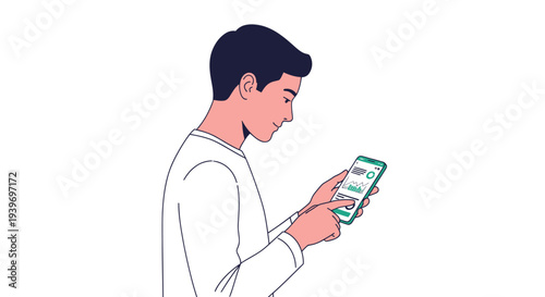 Young Man in Profile Interacting with Smartphone Finger on Screen.