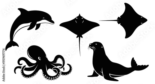 Oceanic Wildlife Silhouettes Vector Set - Dolphin, Octopus, Seal, and Rays