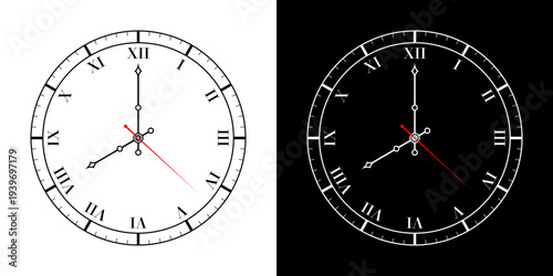Analog wall clock face showing roman numerals with hour, minute markers, minimalist black and white design concept for time management, scheduling, and deadline concept. Vector illustration.