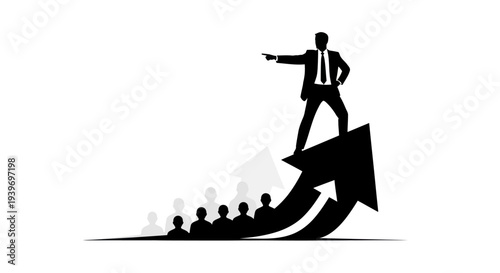 Businessman silhouette leading team on upward growth arrow symbolizing success.